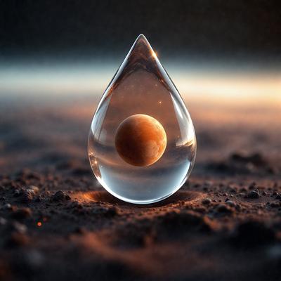 The primary subject of the image is a glass tear drop, which is placed on a dirt surface. The setting is a dirt field, and the visual style is a close-up of the glass tear drop. The colors in the image are predominantly earth tones, and the overall atmosphere is somewhat melancholic.